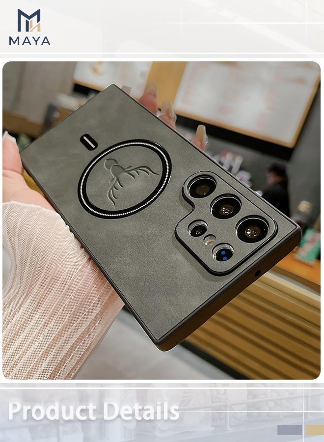 مايا جراب من جلد الخروف بنقشة جلد الأيل لهاتف سامسونج S24 ألترا، مقاوم للصدمات، مزود بمغناطيس، متوافق مع الشحن اللاسلكي ماج سيف، جراب هاتف من الجلد الصناعي الناعم، [متوافق مع ماج سيف] غطاء حماية ممتاز (رمادي) - Image 4